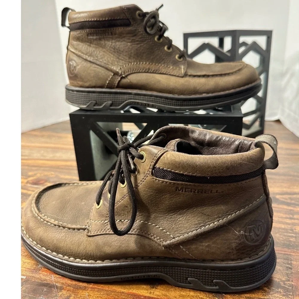 Merrell Mens Brown Leather World Guide Dark Earth Performace Boots Lace Up Sz 8